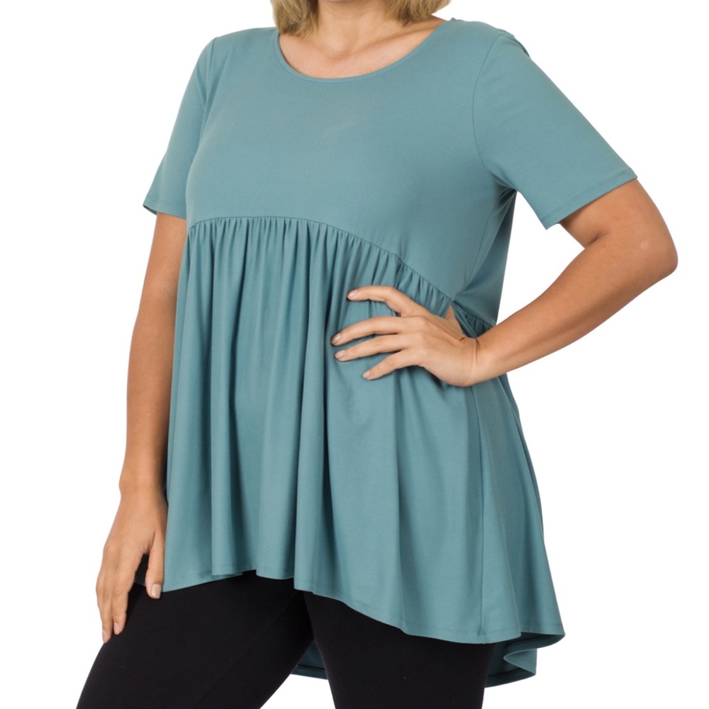 ZENANA 
Short Sleeve Shirring Hi Low Empire Waist Top